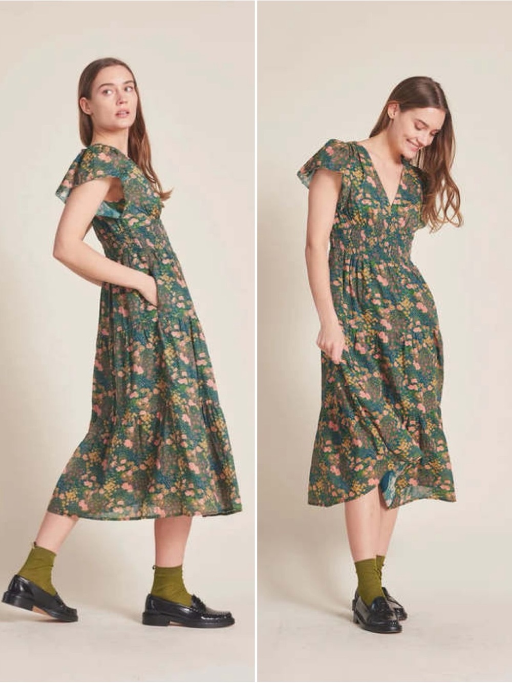 Trovata Kendall Woodbine Green Multi Floral Midi Dress Size XS